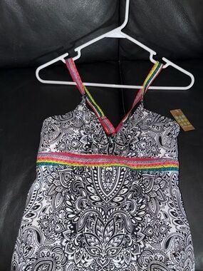 Title Nine Black & White Paisley Tankini Top with Rainbow Straps